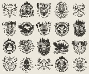 Vintage monochrome hunting emblems set - obrazy, fototapety, plakaty