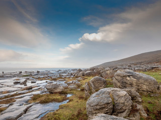 Rock formation in Burren national park, Sunny day, cloudy day. county Clare, Ireland.