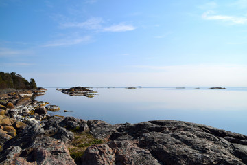 Early morning in the Swedish archipelago with tranquil water and no people around. The island -and national park - 