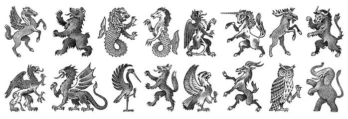Animals for Heraldry in vintage style. Engraved coat of arms with birds, mythical creatures, fish, dragon, unicorn, lion. Medieval Emblems and the logo of the fantasy kingdom.