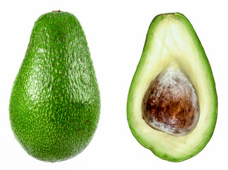 Half of avocado on white background, top view. Natural food high in protein.