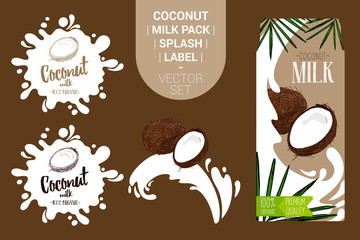 cartoon coconuts on juice splash. Fresh coconut milk pack with Organic labels tags and green palm leaves. Colorful tropical stickers. fruit badges with splash. Fruit vector package set