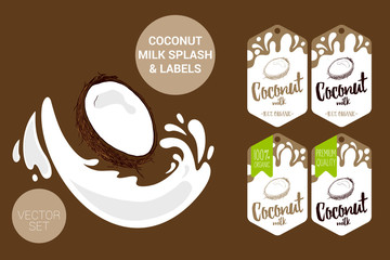 cartoon half of coconut with milk splash. Organic coconut milk labels tags. Colorful tropical stickers. Exotic fruit badges with milk splashes. Coconuts vector package set for web, print 