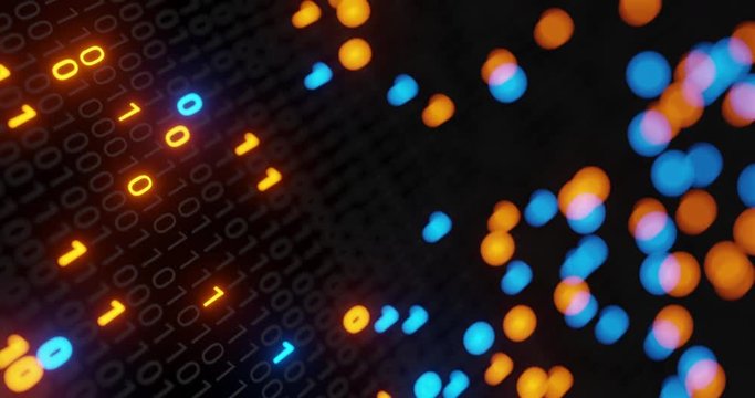 Abstract seamless blue and orange digital binary code matrix background loop. Motion graphic for Big data information technology, data center, block chain, server, internet, hi-speed. 3D rendering