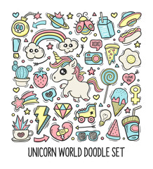 Unicorn World Doodle Set Hand Drawn Vector 1