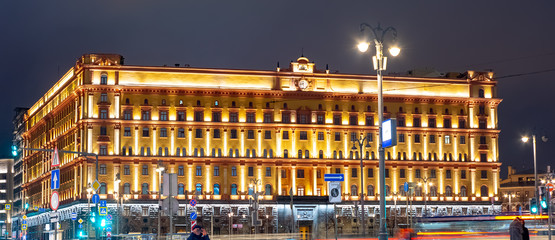 Fototapeta na wymiar City the Moscow .Lubyanka square,building of the Federal security Service of Russia,Central children's store.Night view of the city.Russia.2019