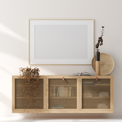 Mock up frame in home interior background, beige room with natural wooden furniture, Scandinavian style, 3d render © artjafara