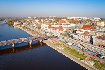 Aerial drone view on Gorzow Wielkopolski and Warta river.