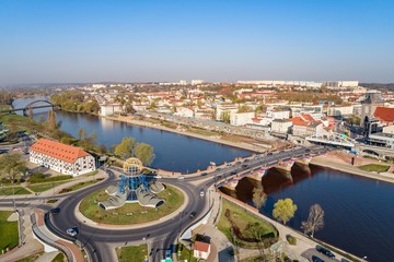 Aerial drone view on roundabout in Gorzow Wielkopolski and Warta river - obrazy, fototapety, plakaty