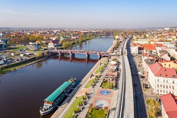Obraz premium Aerial drone view on Gorzow Wielkopolski and Warta river.