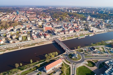 Aerial drone view on Gorzow Wielkopolski and Warta river. - obrazy, fototapety, plakaty