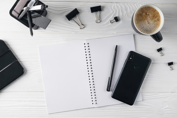 Office business black stationery overhead flat lay