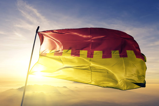 Cahul district of Moldova flag waving on the top sunrise mist fog