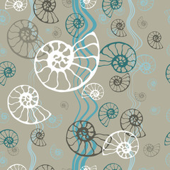 Seamless blue sea pattern fossil ammonite nautilus seashell vector. Hand drawn illustration for spa salon, seafood cafe, restaurant, corporate identity. Seamless vector background with fossil shells. © Smartha