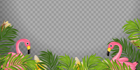 Summer Tropical palm leaves with Thailand flower Frangipani (Plumeria), pink Flamingo pool float frame isolated. Summer mood. Palm leaves and flowers of tropical plants. Vector illustration © pipochka