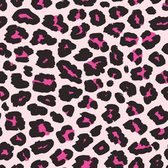 Leopard print. Vector seamless pattern. Fashionable background with black and magenta spots on light pink backdrop. Animal skin texture. Abstract exotic illustration. Repeat design for decor, fabric
