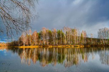 Autumn landscape sunny warm day in the forest by the river