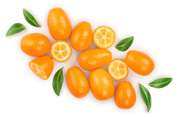 Cumquat or kumquat with half isolated on white background. Top view. Flat lay