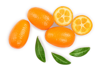 Fototapeta premium Cumquat or kumquat with half isolated on white background. Top view. Flat lay