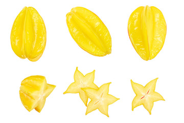 Carambola or star-fruit isolated on white background. Top view. Flat lay. Set or collection