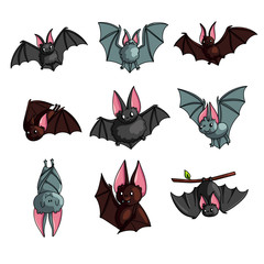 Set of cute colorful bat in different poses or flying mode - obrazy, fototapety, plakaty