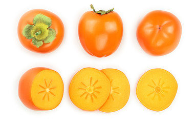 persimmon fruit isolated on white background. Top view. Flat lay pattern. Set or collection