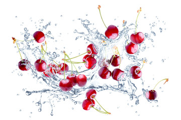 splash of water and cherries isolated on white background