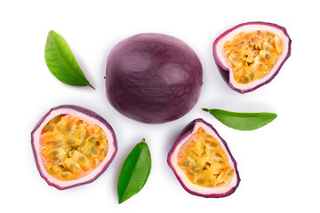 passion fruits and a half with leaves isolated on white background. Isolated maracuya. Top view. Flat lay