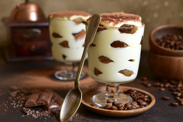 Tiramisu - traditional italian dessert with mascarpone cheese, bisquit, coffee, cream and eggs.