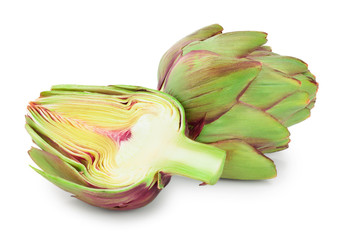 Fresh Artichokes and half isolated on white background closeup
