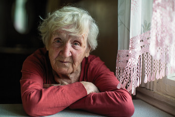 Portrait of elderly lady is sitting at the kitchen table.