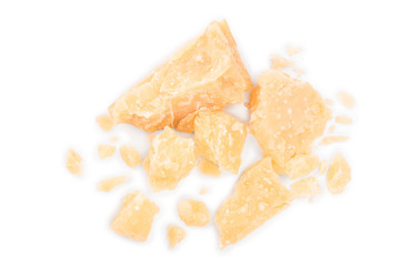 Parmesan cheese pieces isolated on white background. Closeup. Top view. Flat lay