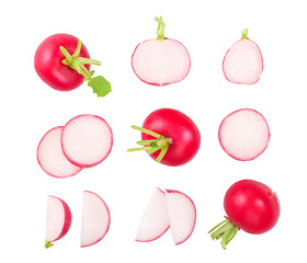 Set of fresh whole and sliced radish isolated on white background. Top view