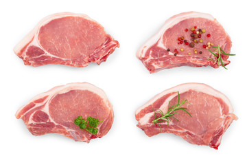 sliced raw pork meat with parsley rosemary and peppercorn isolated on white background. Set or collection. Top view. Flat lay