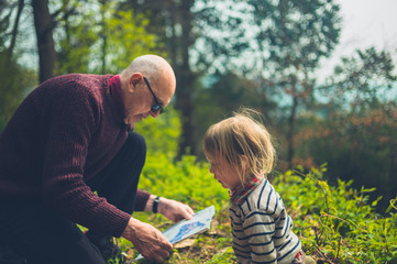Toddler and grandfather studying map in forest