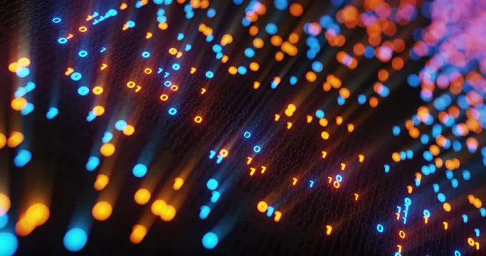 Abstract seamless blue and orange digital binary code matrix background loop. Motion graphic for Big data information technology, data center, block chain, server, internet, hi-speed. 3D rendering