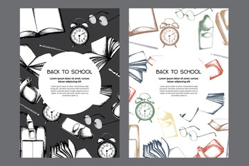 Back to school cards templates, greetings set, universal, sketch ink design
