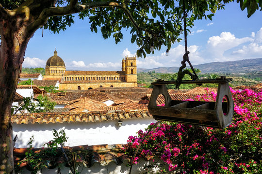 Tree Framing the Barichara Church in Santander, Colombia