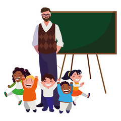 teacher male with kids students and chalkboard