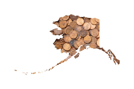 Alaska State Map and Money Concept, Piles of Coins, Pennies