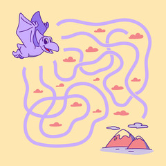  Help cute pterodactyl find the right path to mountain. Labyrinth. Funny maze game for children. Vector illustration.