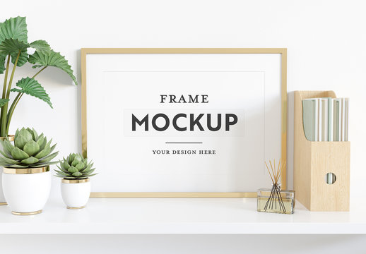 
Horizontal Frame Leaning on Shelf With Plants and Books Mockup