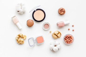 make-up accessories and fashion stylish cosmetics on white desk background top view mock up