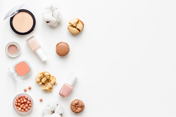 make-up accessories and fashion stylish cosmetics on white desk background top view mock up