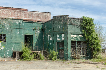 Fototapeta na wymiar Green brick abandoned building sitting forgotten in the deep south