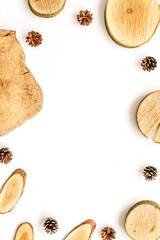 wooden sawcut and pine cone frame for blog on white background top view mockup