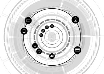 vector thumbprint icon with functional icon on futuristic wheel. sci-fi background concept for finger scan technology and privacy access.