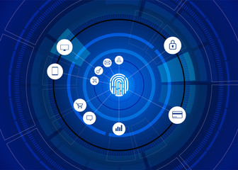 vector thumbprint icon with functional icon on futuristic wheel. sci-fi background concept for finger scan technology and privacy access.