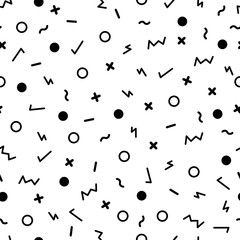 Geometric seamless pattern with circles, zigzag and plus in retro memphis 80s - 90s style.