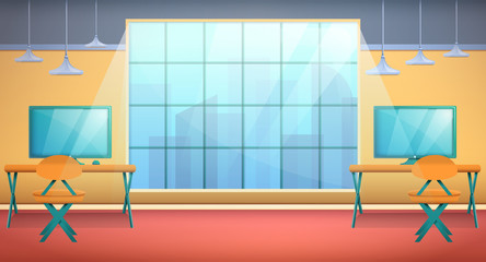 cartoon office space with computers and furniture with a view from the window of the skyscrapers, vector illustration